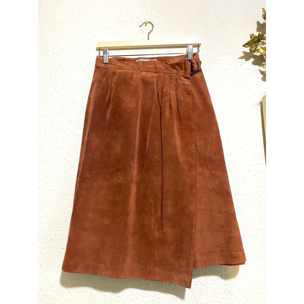 Evan Davies Vintage Rust academia 100% Silky Pig Suede Wrap Midi Skirt Womens 8